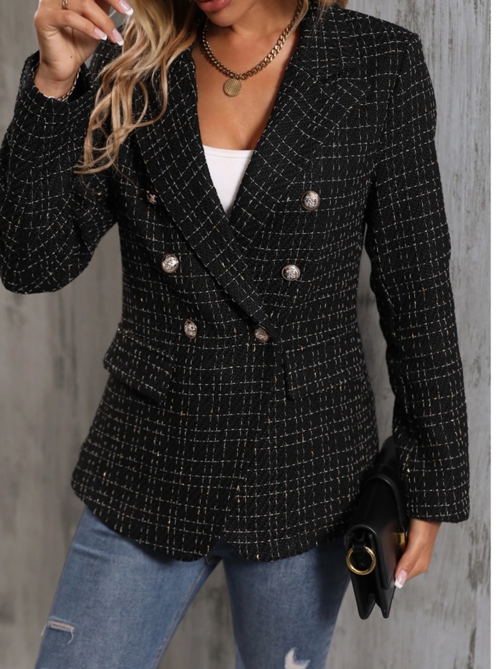 Classic Tweed Double Button Blazer Jacket - Picture 8 of 10